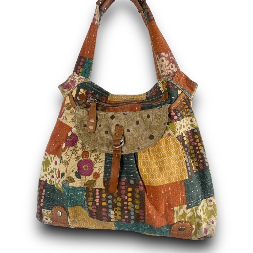 FOSSIL Bohemian 70’s Purple Green Patchwork Purse With Tan Leather Accent